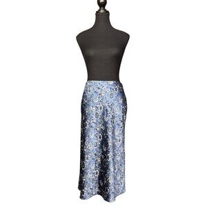 Club Monaco Trycia Blue Floral Midi Skirt Size 8 Lightweight Satin